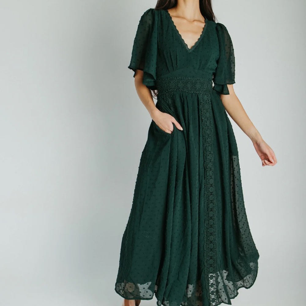 Elegant Emerald Green Maxi Dress Wedding Guest Bridesmaid Modest Short Sleeves